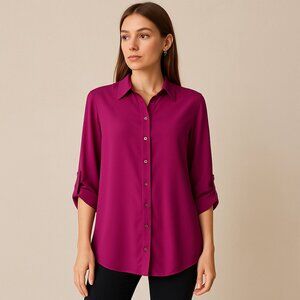 Ashley Stewart Magenta NEW Button Up Blouse Casual Office Chic Feminine Top 12